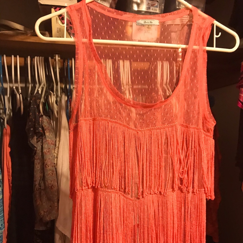 Coral pink fringe shirt see through beach boho